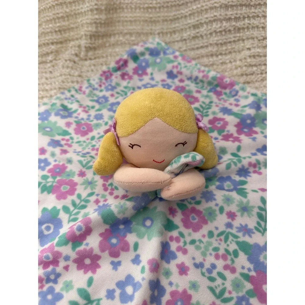 Carters Plush Lovey Blonde Doll Security Blanket Floral Purple Pink Kids 14in‎